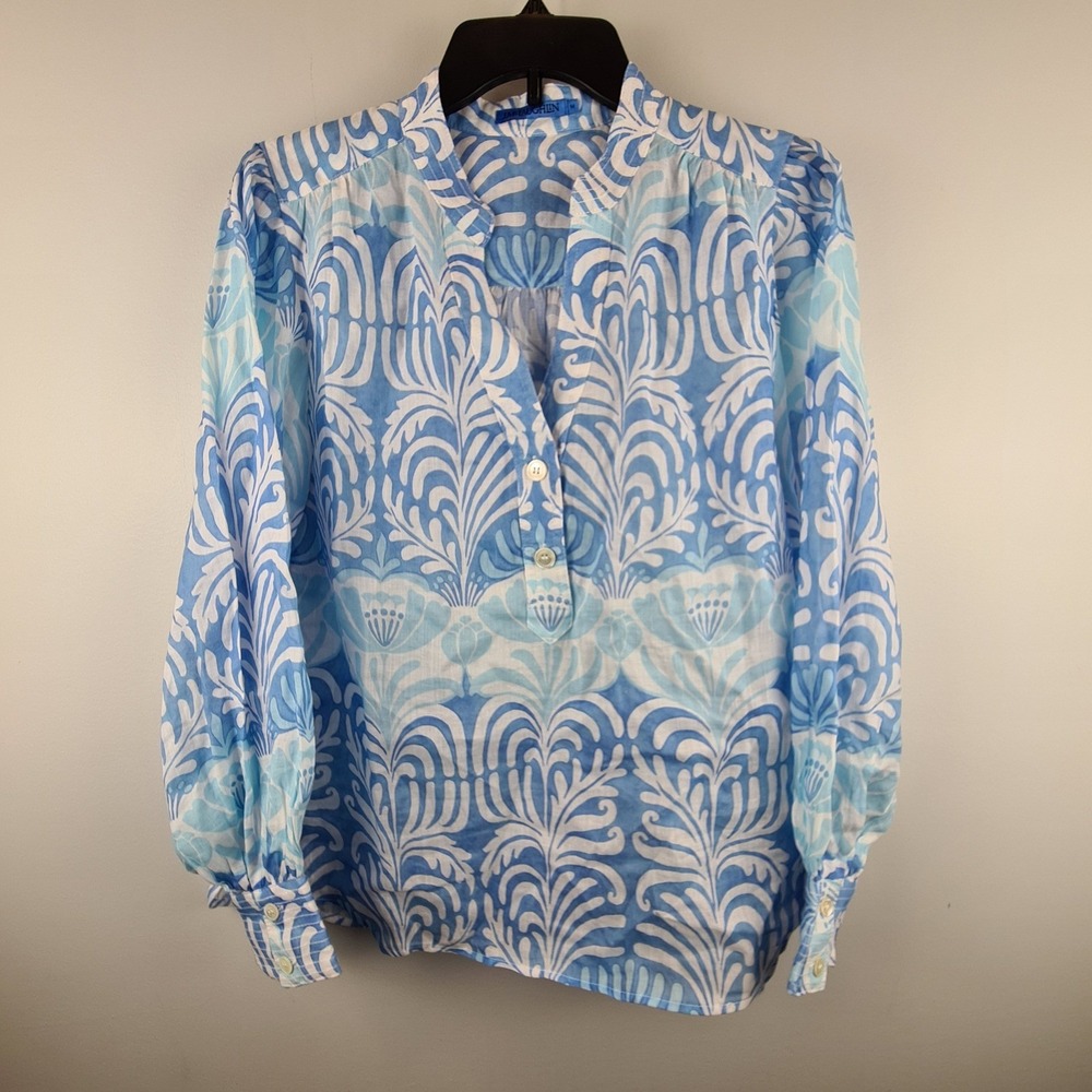 J.McLaughlin Blue White Print Damask Ramie Tencel Henley Blouse Womens M Coastal